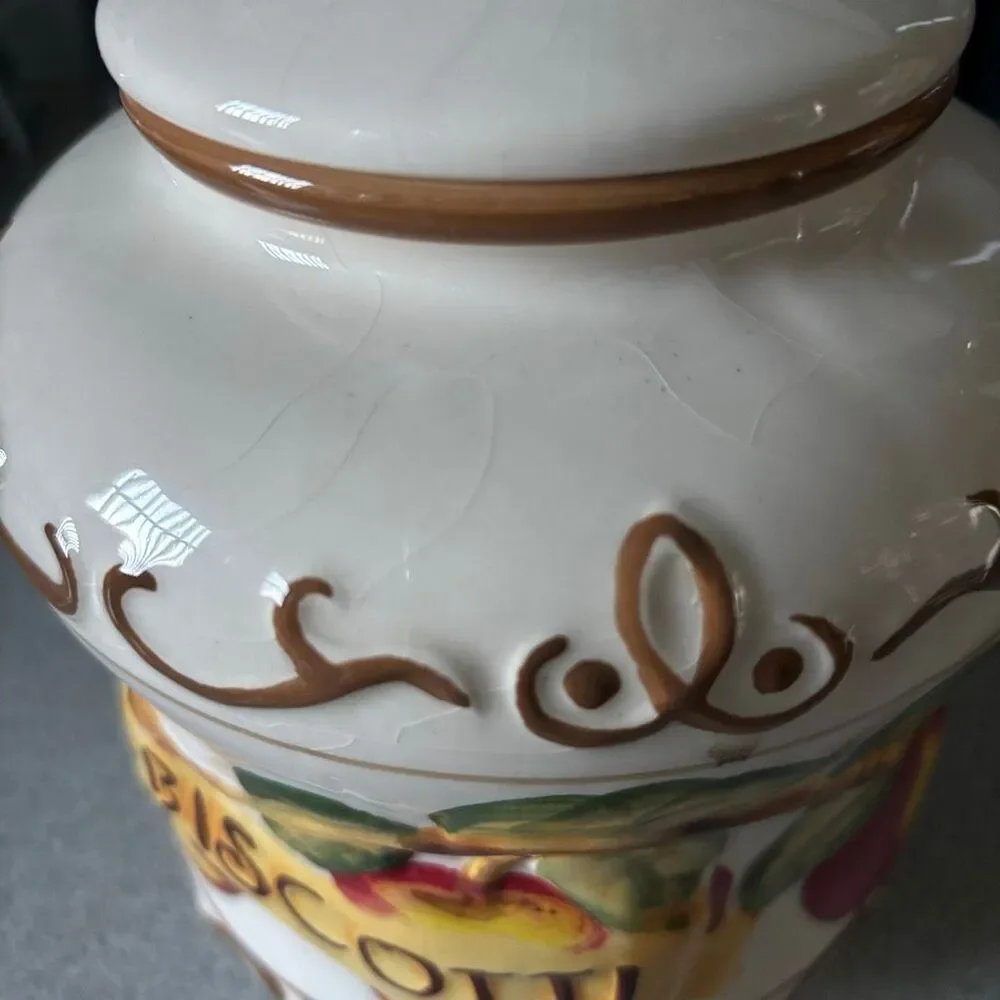 Vintage Handmade For Nonni’s Colorful Apple Design Ceramic Biscotti Jar *Read*